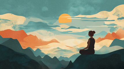 Illustration of a woman practicing meditation, yoga, and relaxation in her calm mountains, with tranquility, peaceful mind, well-being, and serenity - Generated by Generative AI