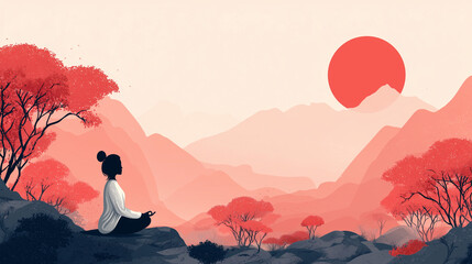 Illustration of a woman practicing meditation, yoga, and relaxation in her calm mountains, with tranquility, peaceful mind, well-being, and serenity - Generated by Generative AI	