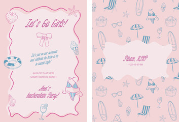 Pink Whimsical style bachelorette party invitation with bow - vector template. Flirtatous girly card for feminine coastal party with summer theme