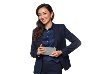 Business portrait isolated on white transparent background: A confident Asian businesswoman smiles warmly while holding a tablet and gesturing towards the viewer in a modern, professional setting.