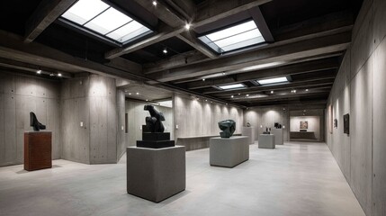 Neo-Brutalist gallery with raw concrete walls, steel-framed skylights, and rotating modern sculptures on pedestals 