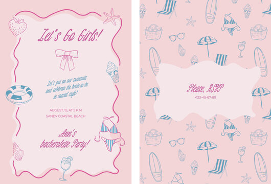 Pink Whimsical style bachelorette party invitation with bow - vector template. Flirtatous girly card for feminine coastal party with summer theme