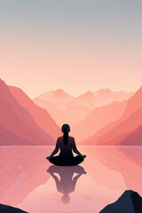 Illustration of a woman practicing meditation, yoga, and relaxation in her calm mountains, with tranquility, peaceful mind, well-being, and serenity - Generated by Generative AI	