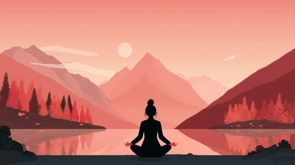Illustration of a woman practicing meditation, yoga, and relaxation in her calm mountains, with tranquility, peaceful mind, well-being, and serenity - Generated by Generative AI	