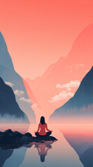 Illustration of a woman practicing meditation, yoga, and relaxation in her calm mountains, with tranquility, peaceful mind, well-being, and serenity - Generated by Generative AI	