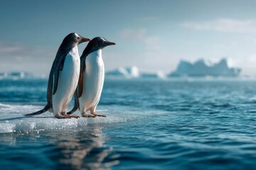 Obraz premium Two penguins standing on an iceberg in cold waters symbolizes the vulnerability of wildlife to climate change. For articles on global warming and environmental protection.