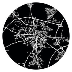 Zielona Góra city in Poland. Vector minimalist street plan map on a black round background