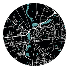 Gniezno town in Poland. Vector minimalist street plan map on a black round background