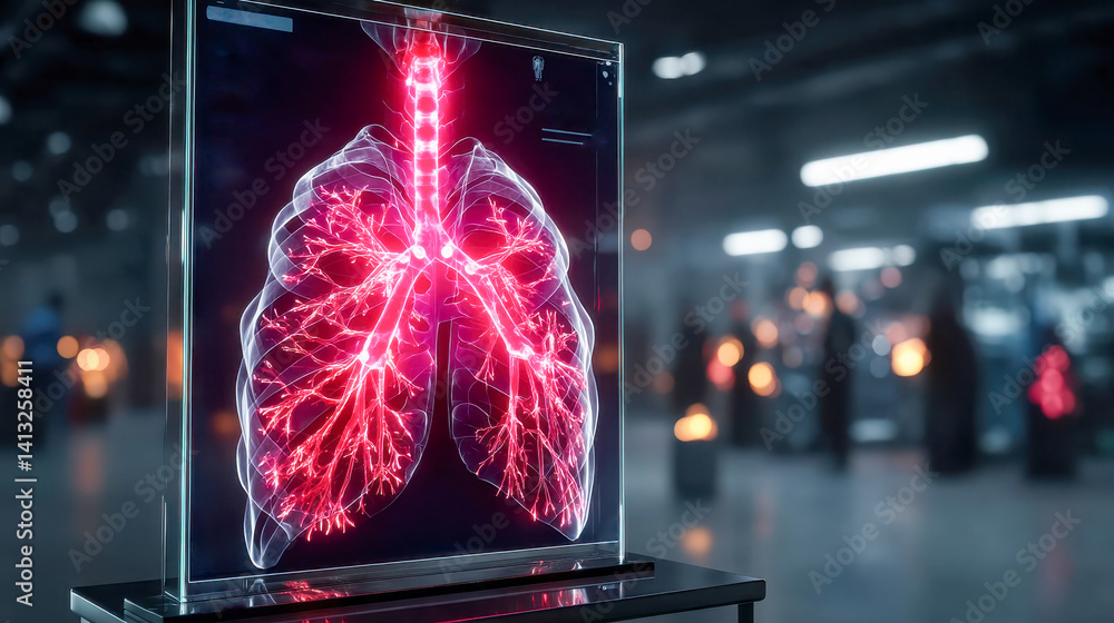 Poster High-tech medical interface showing detailed 3D scan of lungs with highlighted airways and biological markers in a digital analysis display