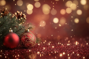 Obraz premium Christmas balls and fir tree on red background.