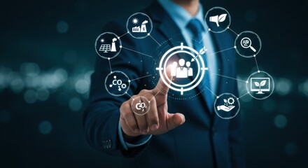 Human Resources Management and Business Processes: Businessman Interacting with a Digital Interface Representing HR Functions and Organizational Workflow

