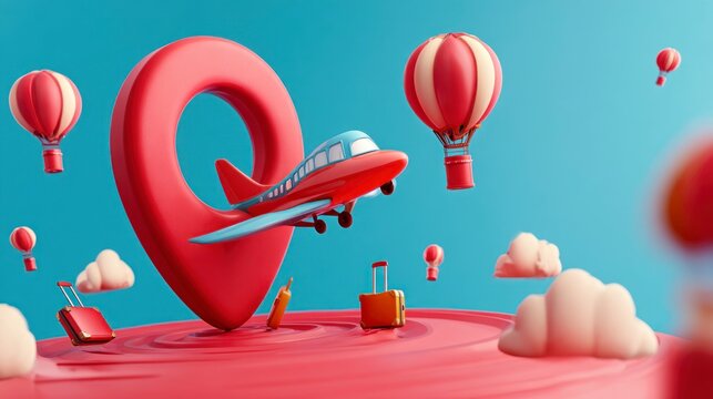 Airplane Flying Near Map Pin with Suitcases and Balloons