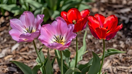 Naklejka premium Vibrant Red and Pink Tulips Spring Bloom Garden Flowers
