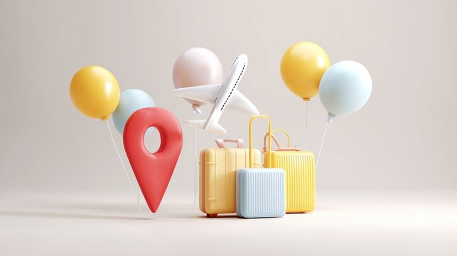 Travel Concept with Plane, Luggage and Balloons Ready for Adventure