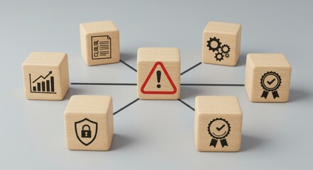 Identifying and Managing Risks Wooden Blocks with Hazard Symbol Connected to Elements of Risk Assessment and Mitigation Processes