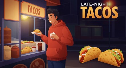 Man having late night tacos in food truck in the street. Colorful illustration banner
