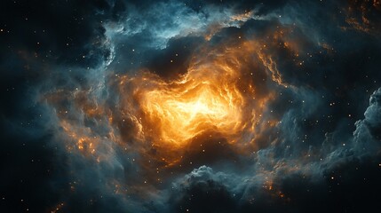 Obraz premium Nebula bursts, luminous core ablaze in cosmic cloud, space background with stardust