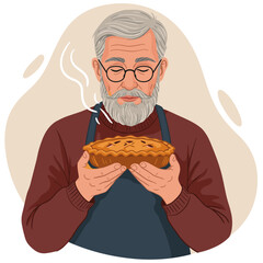 Mature Caucasian man smelling fresh warm pie. Minimalist colorful illustration