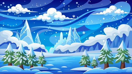 Blue sky with white fluffy clouds. Snowfall, blizzard, blizzard, snowflakes, flakes of snowfall. Snowy winter background. Frost, cold frozen ice