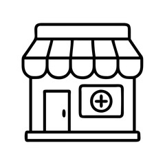 Find pharmacy near me local drugstore shop with medical supplies and health products outline