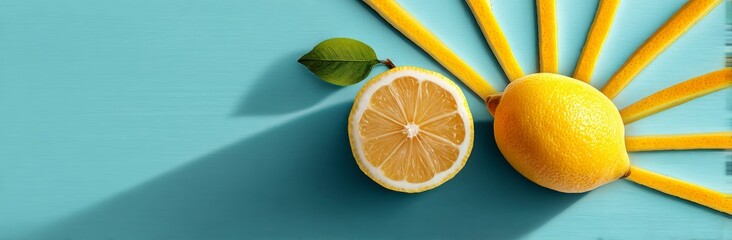 Summer banner. Fresh lemons with sunburst rind on turquoise background. Ideal for summer celebrations with plenty of space for text.