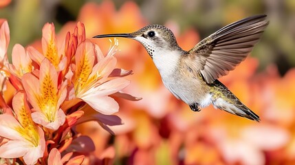 Fototapeta premium Hummingbird feeding on vibrant orange flowers (1)