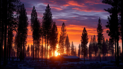 Beautiful sunset over a snowy landscape surrounded by tall pine trees