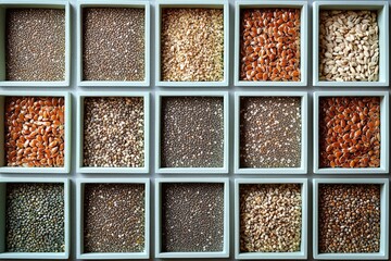 Top view of diverse grains and seeds in a grid arrangement showcasing healthy food variety