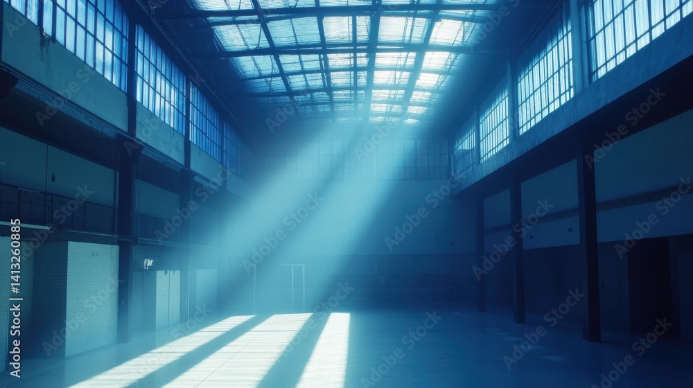 Poster light beams streaming through windows in empty industrial space