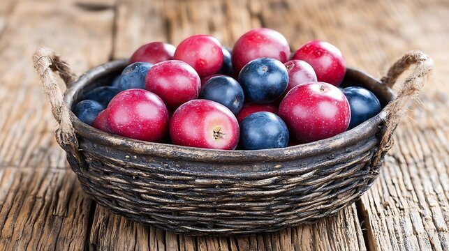 Red and blue plums in rustic bowl