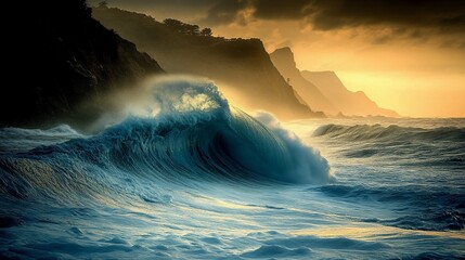 Fototapeta premium Ocean wave crashes on shoreline, rocky cliffs behind at sunrise with sky hues