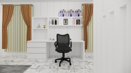 Elegant and Modern Home Office Design with Desk, Chair, Shelves and Marble Floor