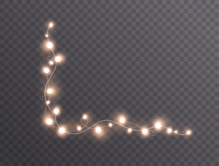 Lights bulbs for corner isolated on transparent background. Glowing fairy Christmas garland string. Vector New Year party led lamps decoration