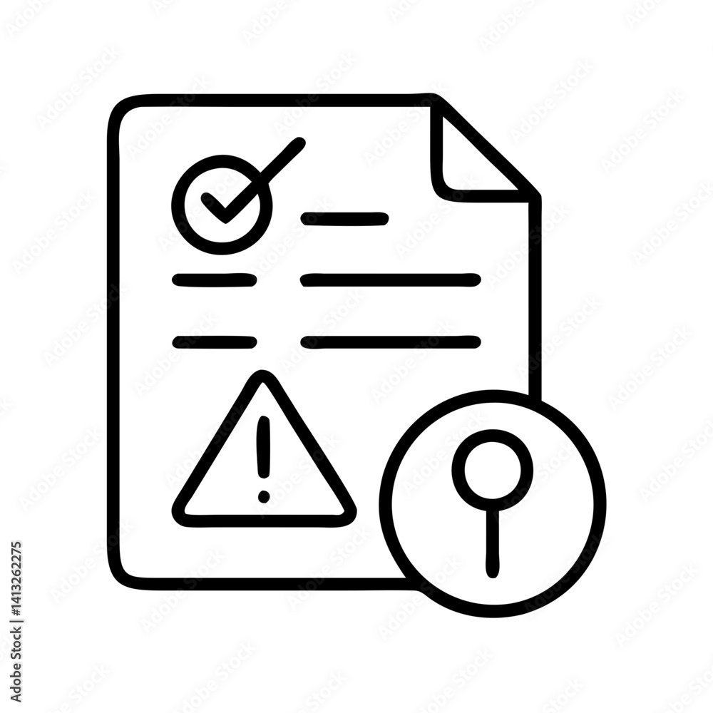 Poster document security check with warning attention and key for verification and validation process flow