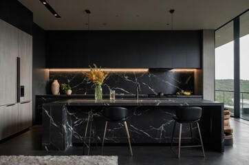 Modern kitchen with dark cabinets and marble counters and island