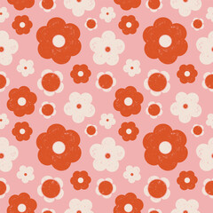 Groovy Colorful Flowers Seamless Pattern Retro Psychedelic 70s Vector Design. Textured illustrations background.