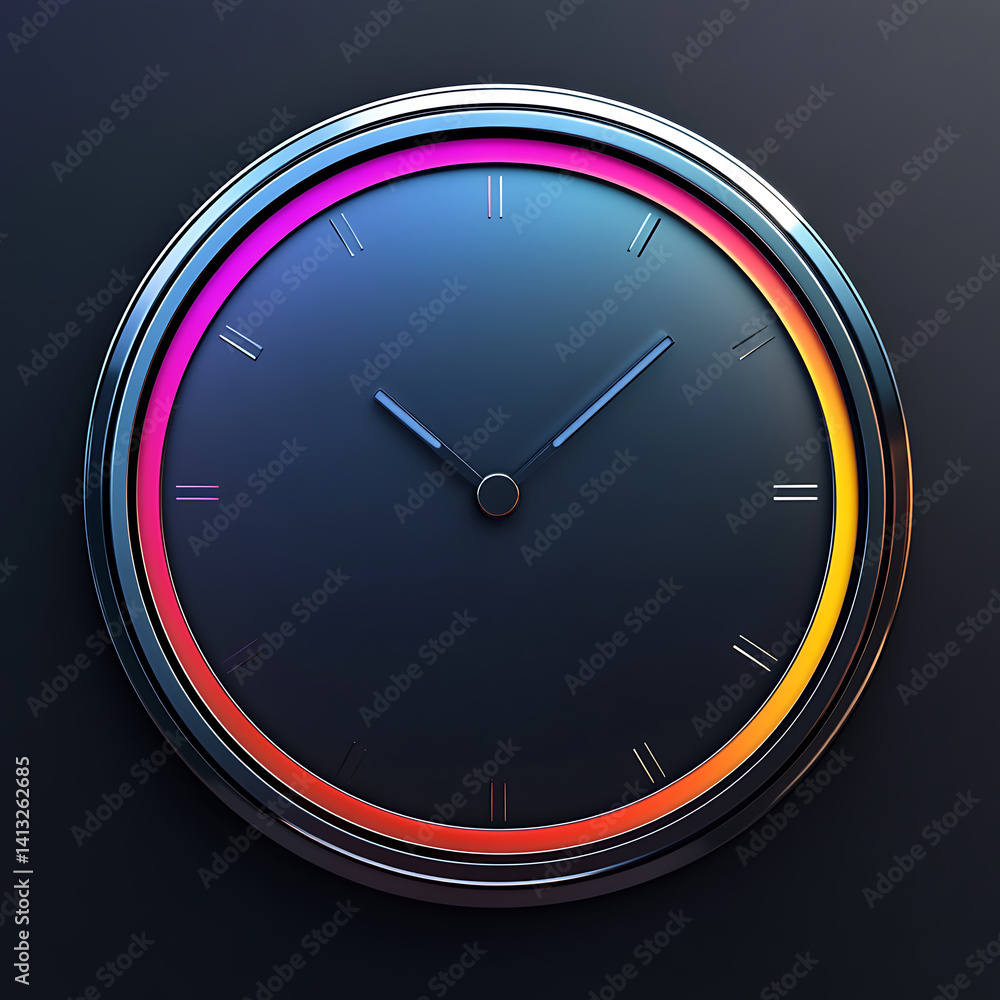 Poster modern circular clock design featuring sleek metallic frame and vibrant gradient color scheme. clock