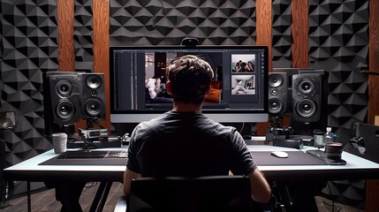 Close up view of a photographer or creative professional working on digital monitor in a modern equipped studio or multimedia workspace  The person is editing