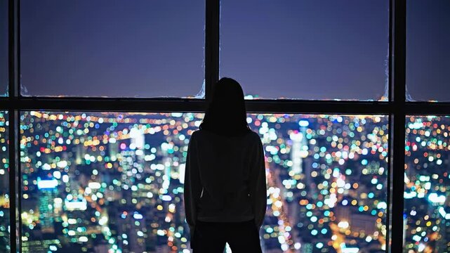Atmospheric urban scene capturing solitary figure against vibrant city lights backdrop, perfect for themes of modern life, reflection and personal space