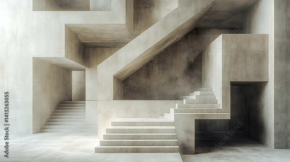 Aufkleber minimalistic abstract image featuring series of geometric staircases in concrete environment, evokin