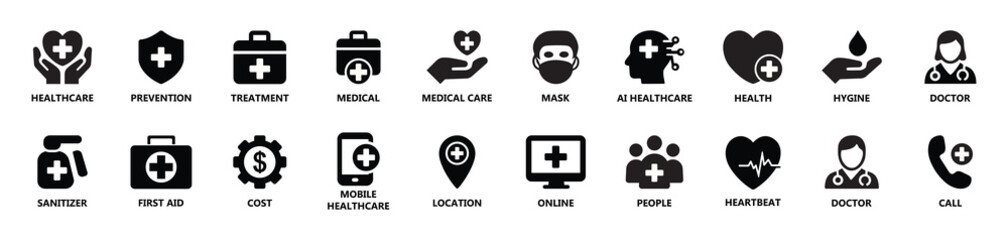 Vector set of healthcare and medical icons including doctor, treatment, AI healthcare, sanitizer, patient, diagnosis, hygiene, and more. Ideal for apps, websites, and health materials. symbol.