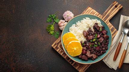 Hearty brazilian feijoada stew with black beans, pork, beef, rice, and orange slices in rustic bowl on wooden board with cutlery and napkin. Traditional dish of Brazil