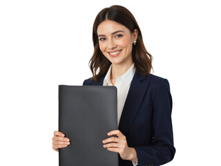 Business portrait isolated on white transparent background: A smiling young woman with dark hair, wearing a navy blazer and white shirt, confidently presents a black tablet to the camera against a p