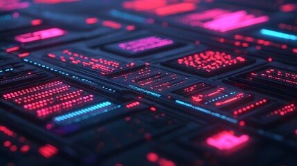 Obraz premium Futuristic branding flowchart with glowing segmented icons representing brand touchpoints and audience metrics over a vibrant digital grid Conceptual visualization of data analysis