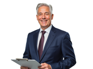 Business portrait isolated on white transparent background: A smiling, mature man with gray hair confidently holds a clipboard while wearing a dark suit and tie against a plain white background.