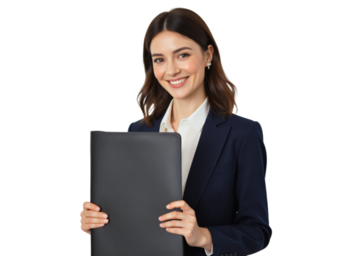 Business portrait isolated on white transparent background: A smiling young woman with dark hair, wearing a navy blazer and white shirt, confidently presents a black tablet to the camera against a p