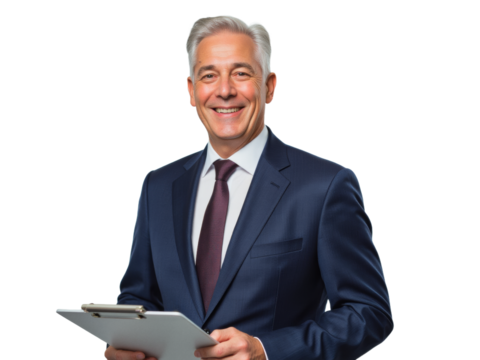 Business portrait isolated on white transparent background: A smiling, mature man with gray hair confidently holds a clipboard while wearing a dark suit and tie against a plain white background.