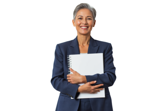 Business portrait isolated on white transparent background: A confident, mature Asian woman in a navy blue suit smiles warmly while holding a white notepad against a plain white background. - Powered by Adobe