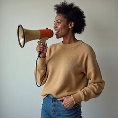 Confident Woman Posing with Megaphone in Studio