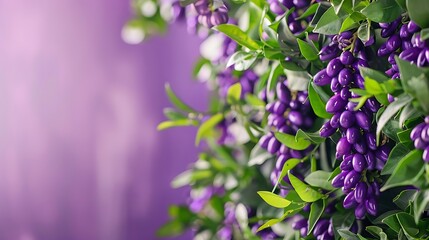 Lush purple berries with vibrant green leaves against a delicate violet backdrop